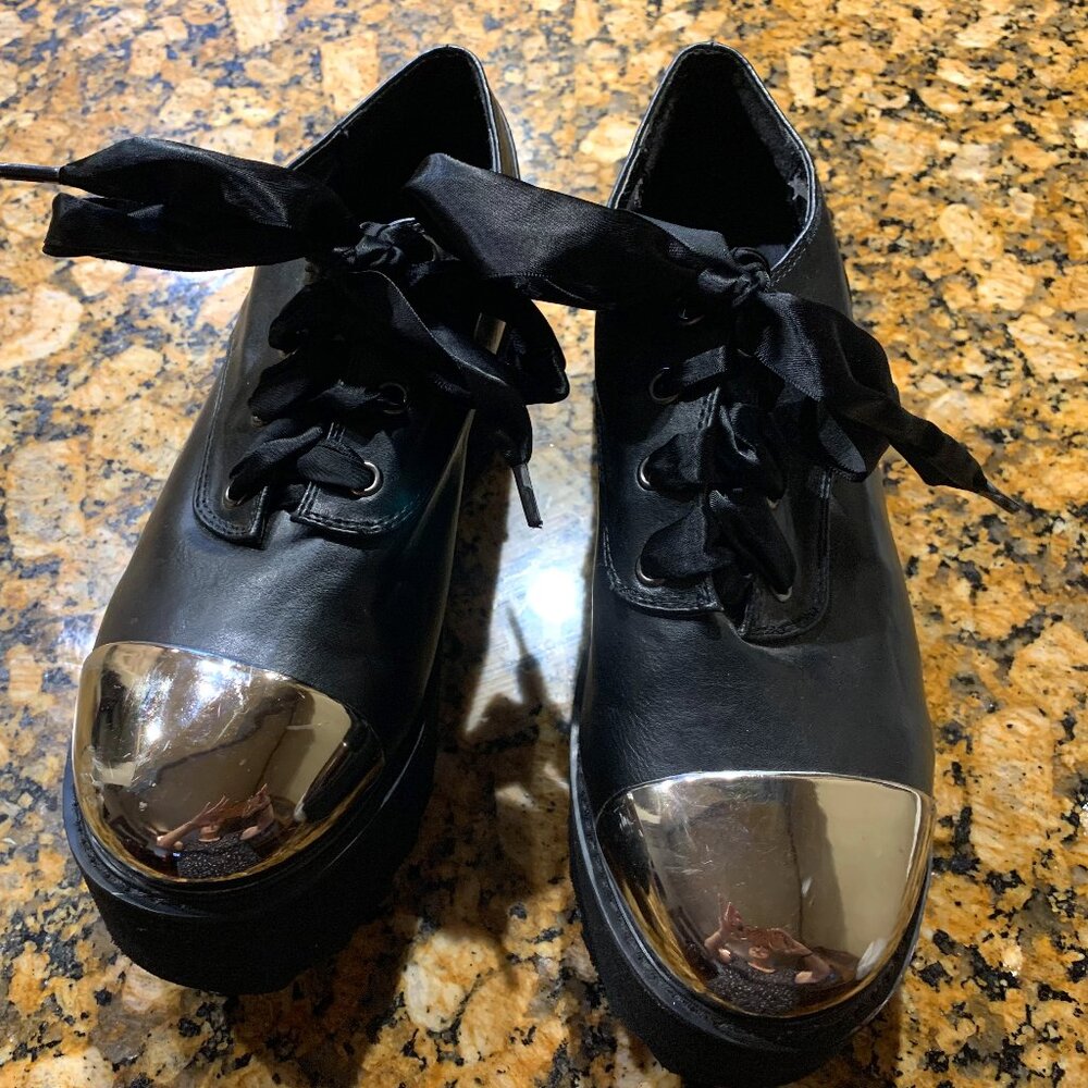 Black Platform Lace-Up Shoes with Metallic Silver Toe Cap